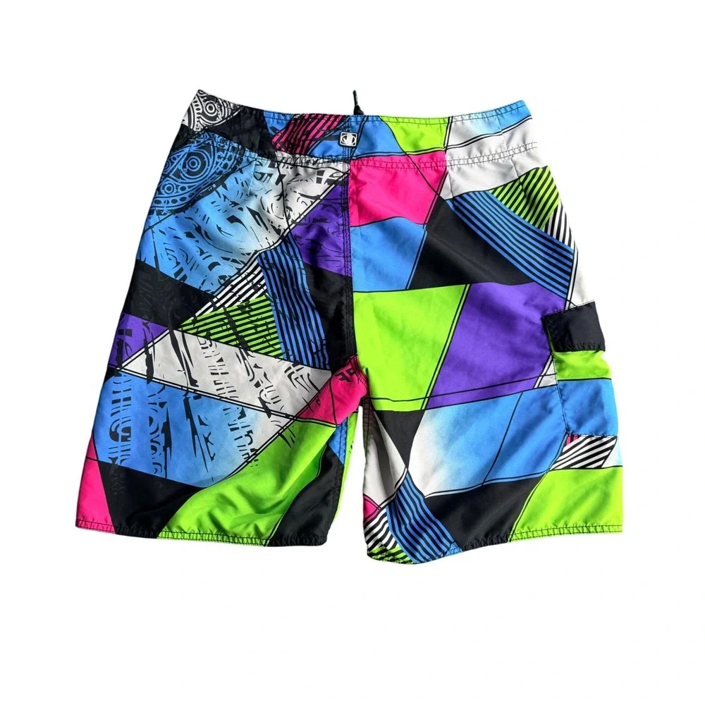 Vintage Y2K Body Glove Board Shorts Size 34 Neon Geometric Pattern Dopamine Surf